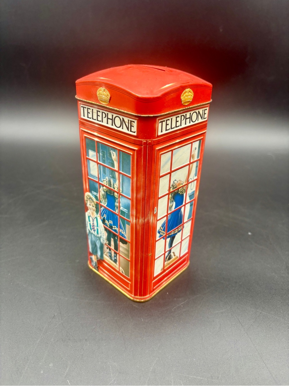 Vintage Churchill's Telephone Kiosk Tin Money Box 1990s Red Phone Booth Bank